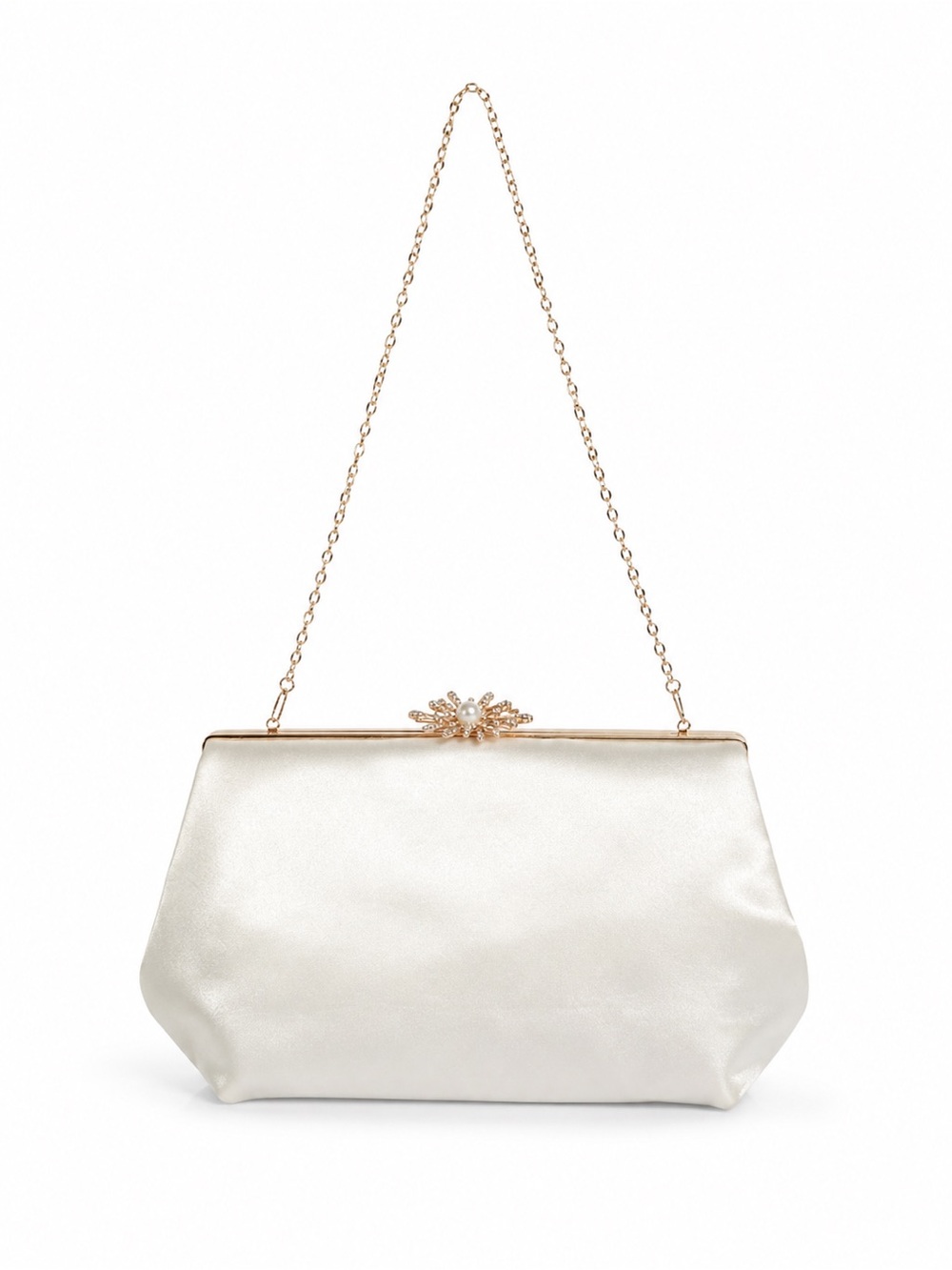 NWT Elegant Ivory Satin Clutch with Gold Chain